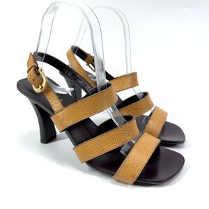 Women Escada Brown Leather 3 Strap Sling Back Heels Square Toe Sandals Size 38.5